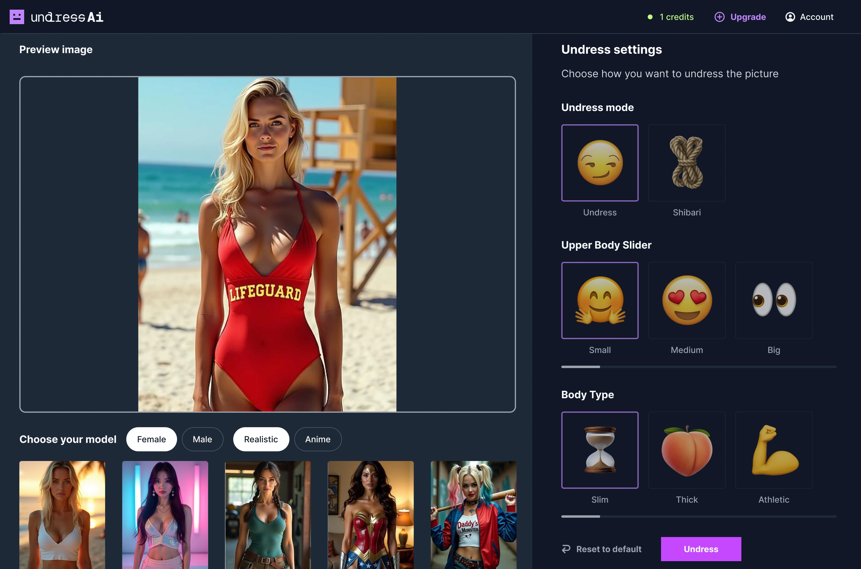 This is an image showcasing the Undressly AI app. The app allows users to undress and create nudes and naked photos of AI generated girls and men. There are a lot features such us small and big bobs, shibari, various outfits and more. The app is completely safe and anonymous.