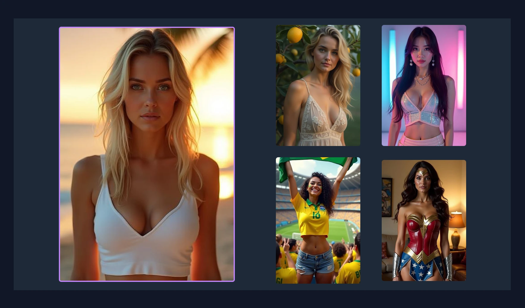 This is a photo showing all of the AI generated models and girlfriends that can be used in Undressly AI app to create naked photos. There are other features as well like various outfits, milfs, anime, hentai, petit and more.