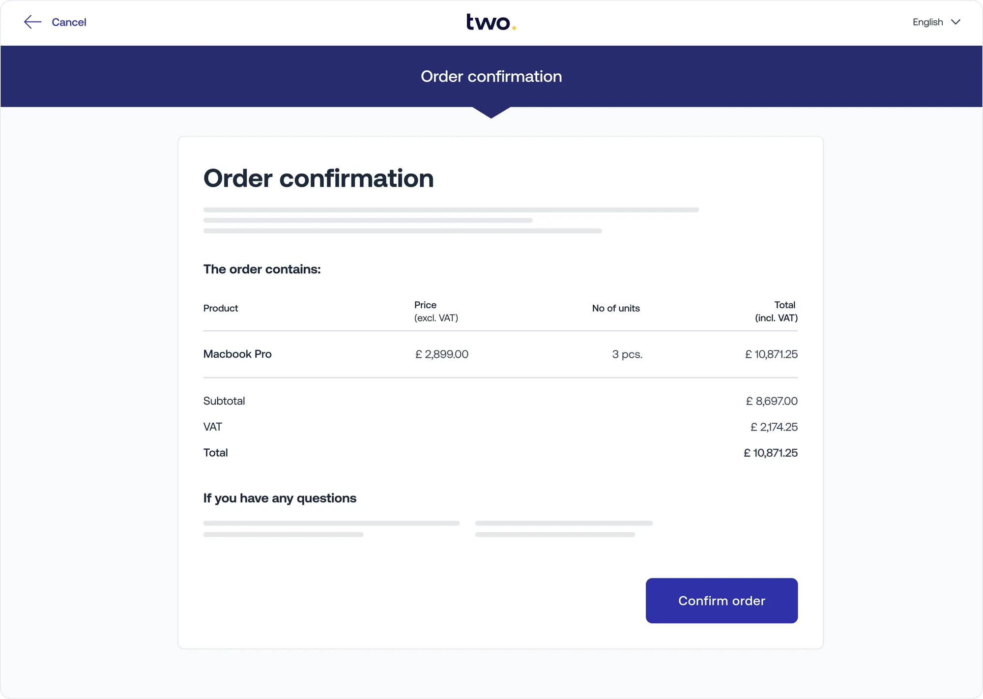 An image that shows the outlook of an order confirmation in the Two Order Creator
