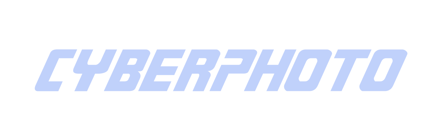 Cyberphoto text logo in light blue italicized block letters on black background.