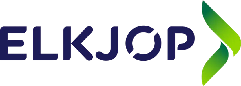 ELKJØP logo with stylized blue text and a green gradient abstract shape to the right.