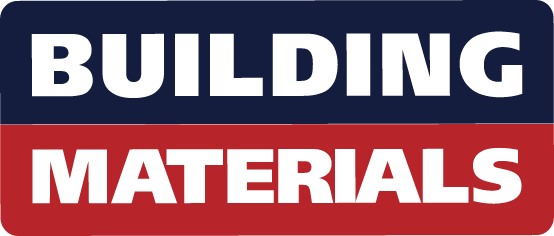 Logo with the text 'BUILDING' in white on a dark blue background and 'MATERIALS' in white on a red background.