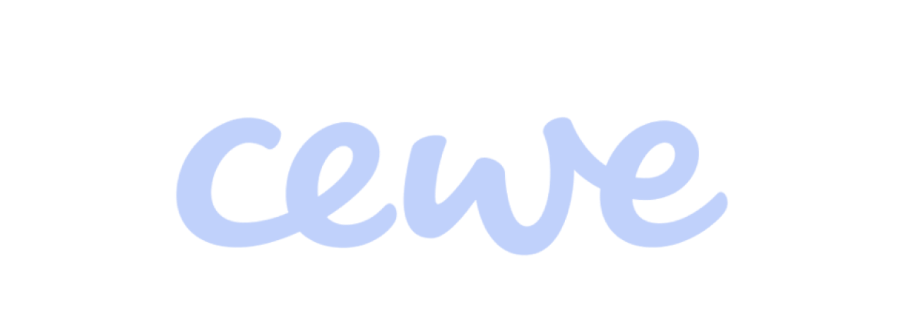 CEWE brand logo in light blue cursive letters on a black background.