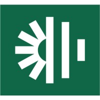 White icon of half sun with rays and vertical bars on a green square background.