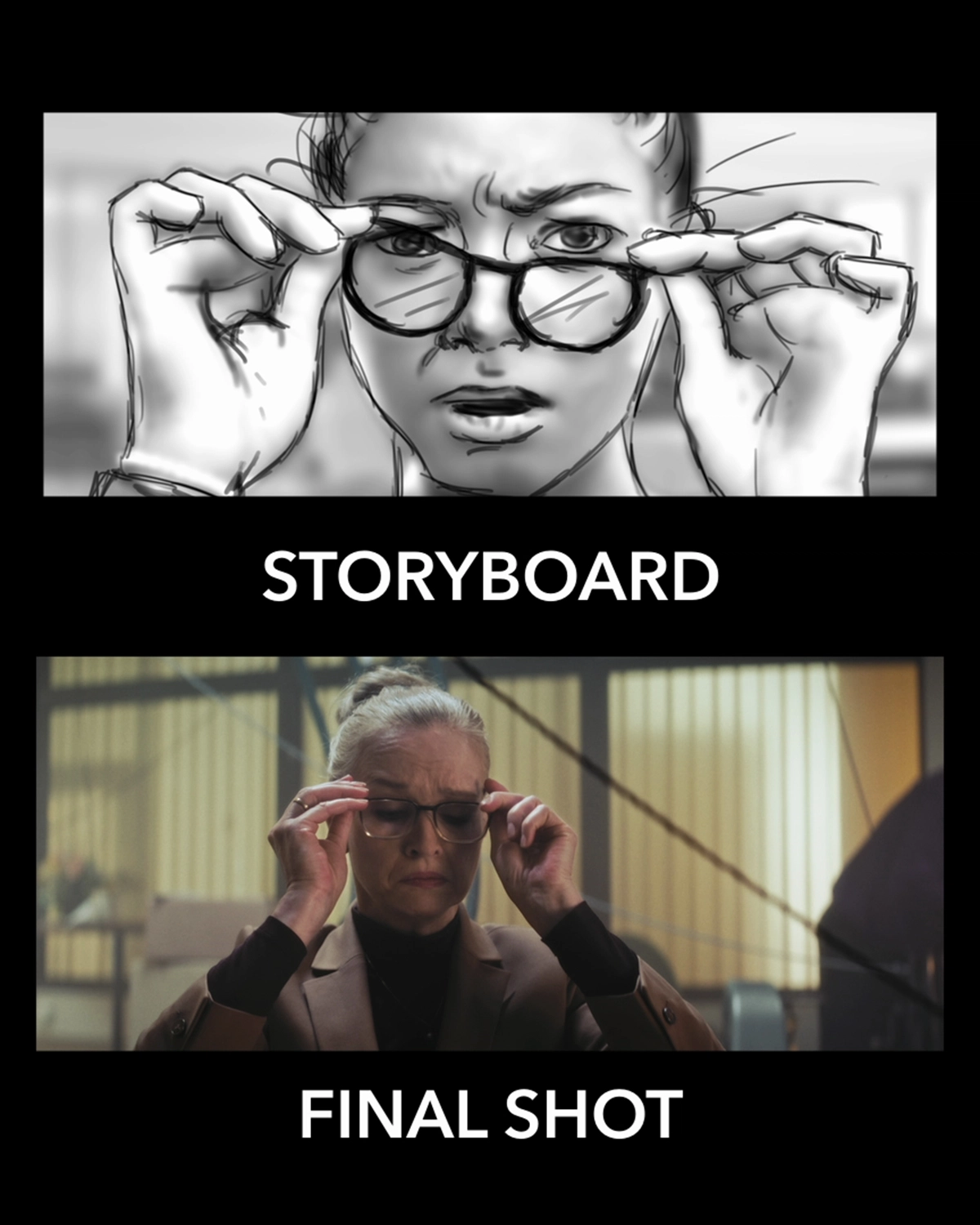 Schwarze und weiße Storyboard-Skizze einer Frau mit Brille von Panda Pictures Filmproduktion München und Ulm, die ihre Gläser anpasst und überrascht wirkt, neben dem finalen Farbshot einer älteren Frau mit Brille und blondem Haar in einem hellen Raum.