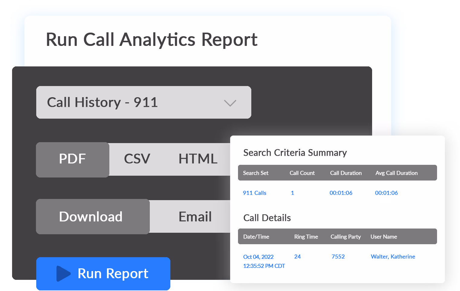 A run call analytics report screenshot