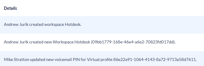 Details column of the Variphy Webex audit log showing plain-language entries such as an administrator creating a workspace and updating a voicemail PIN