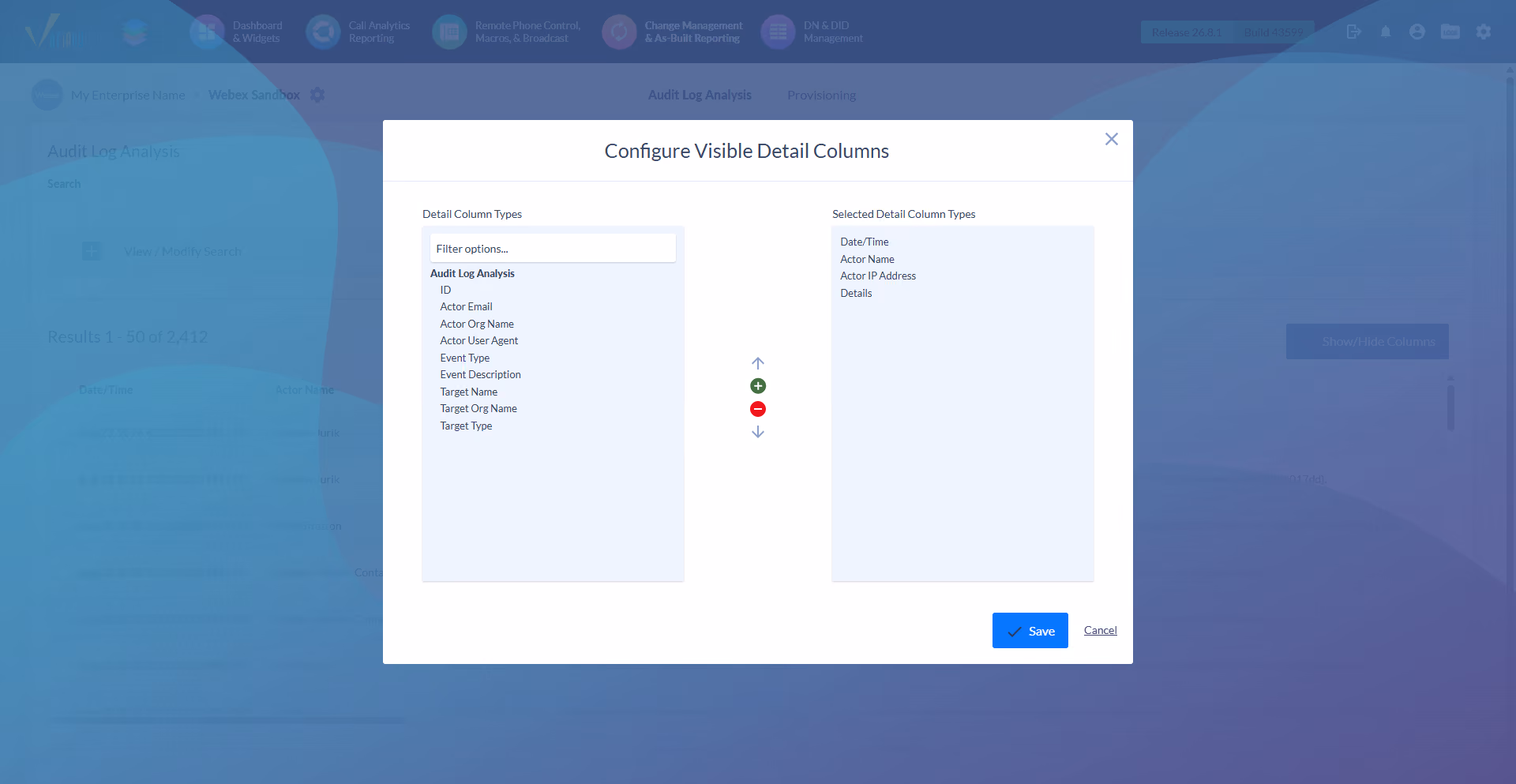 Configure Visible Detail Columns dialog in Variphy, selecting Webex audit log columns including actor email, actor org name, actor user agent, event type, target name, and target type