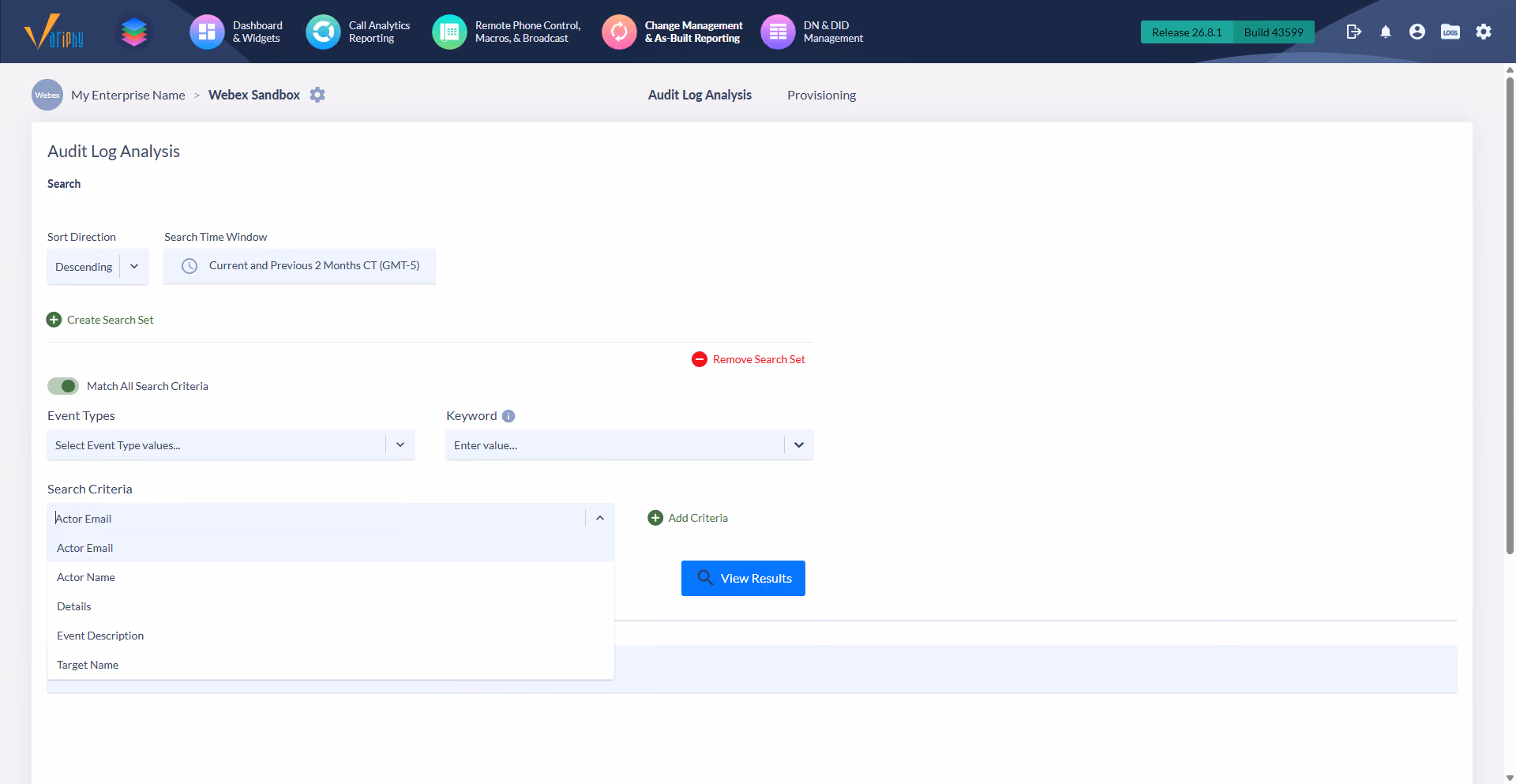 Variphy Webex audit log search panel with sort direction, search time window, event type and keyword fields, and a search criteria dropdown listing actor email, actor name, details, and event description