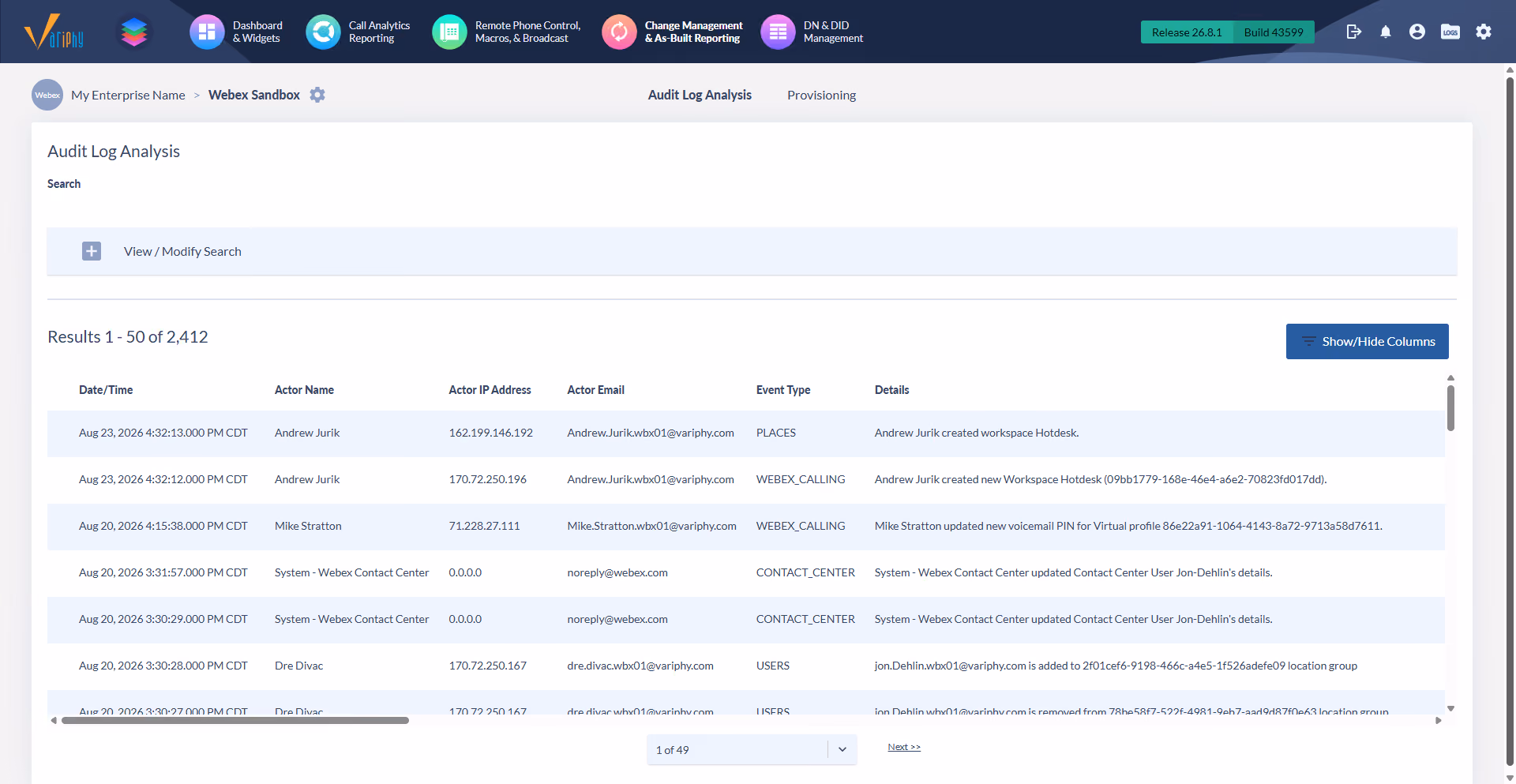 Variphy Audit Log Analysis results table showing Webex change events with date and time, actor name, actor IP address, actor email, event type, and a plain-language description of each change