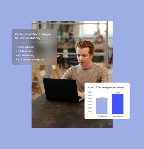 A man is seated at a wooden table, working on a laptop in a bright, modern space. To the left, a panel highlights ‘Personalized Tax Strategies to Save You Money,’ listing options like ‘1031 Exchange’ and ‘Tax Harvesting.’ In the bottom right corner, a bar chart titled ‘Impact of Tax Savings on Net Income’ compares pre-tax and post-tax savings, showing significant improvement.