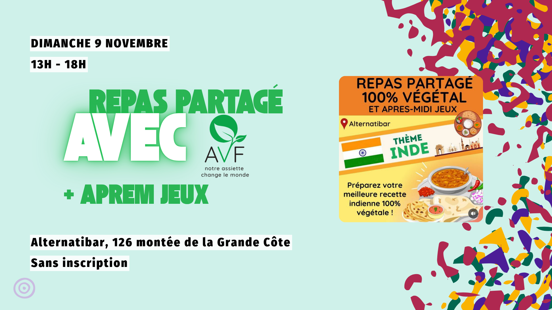 Buffet Partagé Vegan de AVF69 sur le thème de l'Inde + aprèm jeux