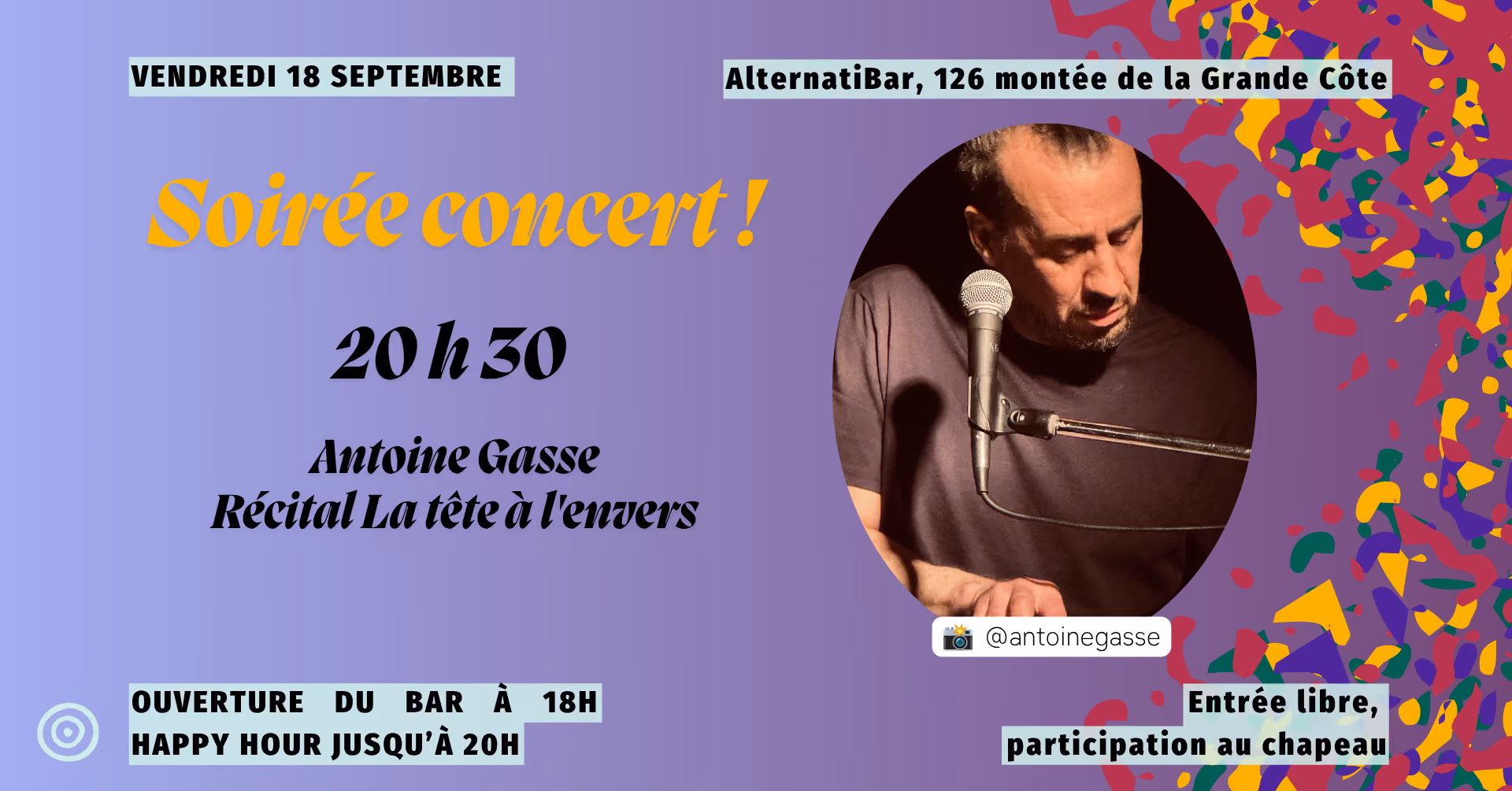Concert d'Antoine Gasse, récital La tête à l'envers