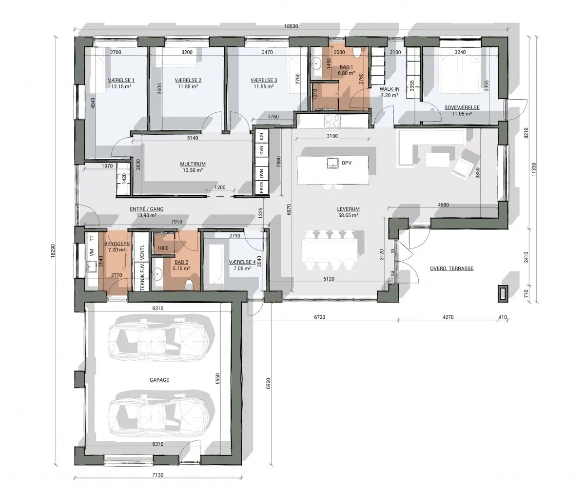 Plantegning fra Hybel - Separat børneafdeling og multirum