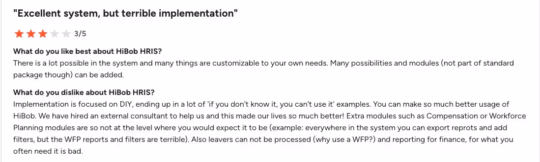 HiBob G2 review about workflow and customization limitations