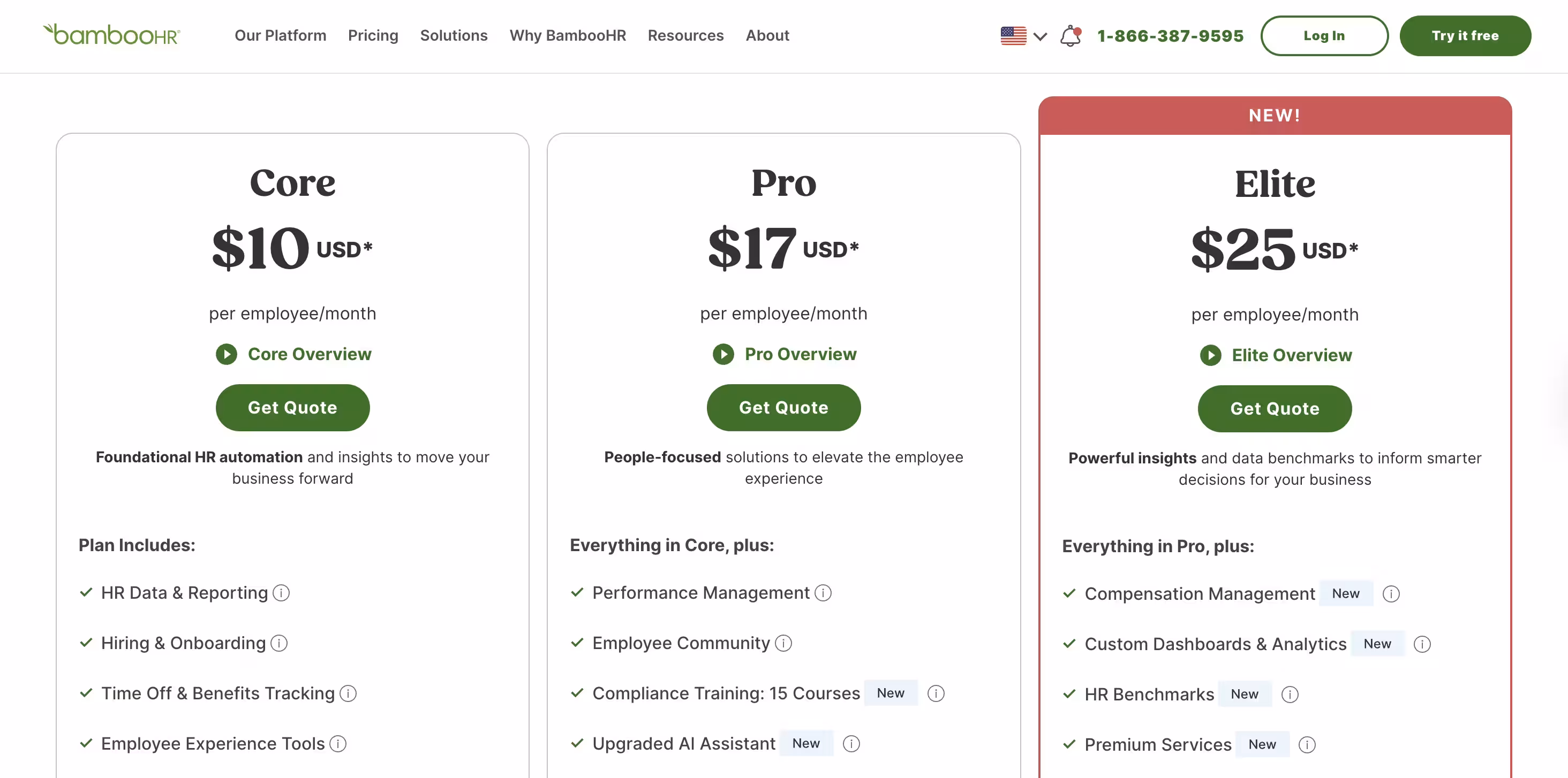 BambooHR pricing page showing contact sales requirement with no published prices