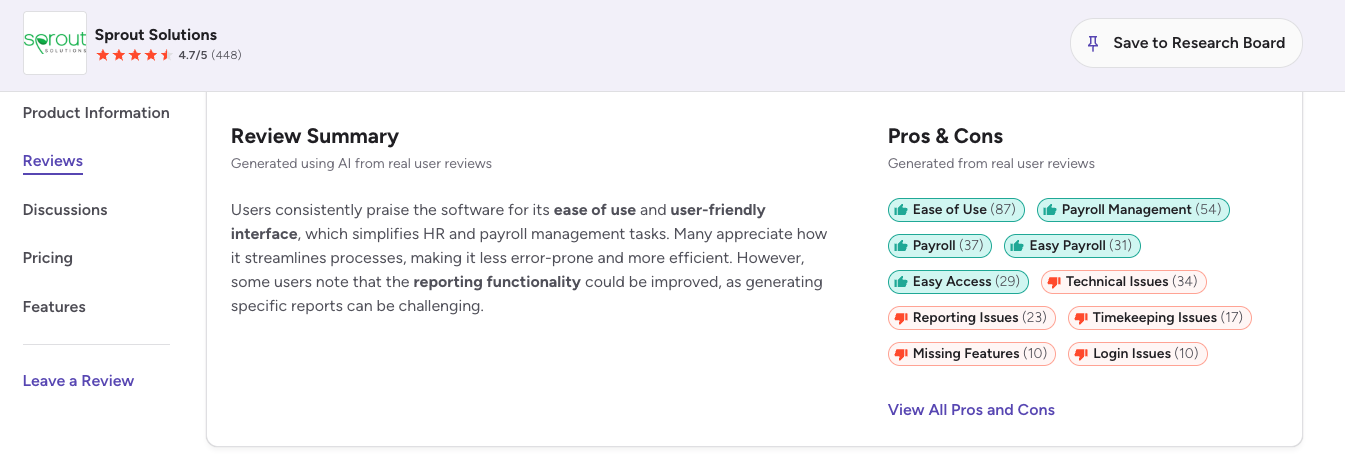 Sprout Solutions G2 review summary showing common user feedback themes and mention counts