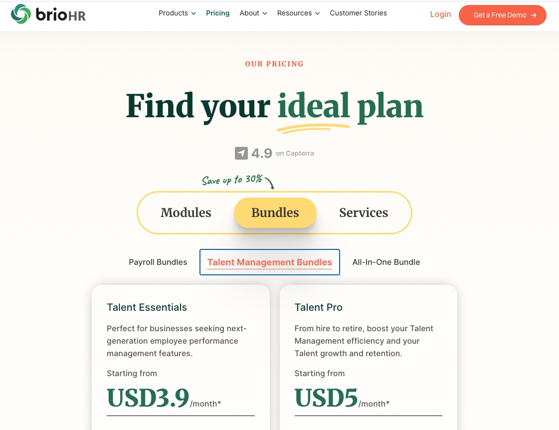 BrioHR G2 overview showing user review themes and ratings