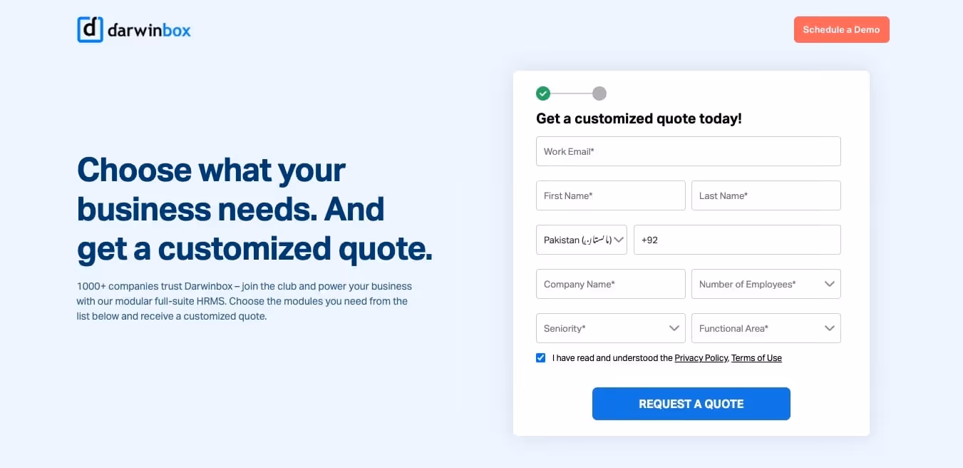 Darwinbox pricing page showing custom quote requirement with no published prices