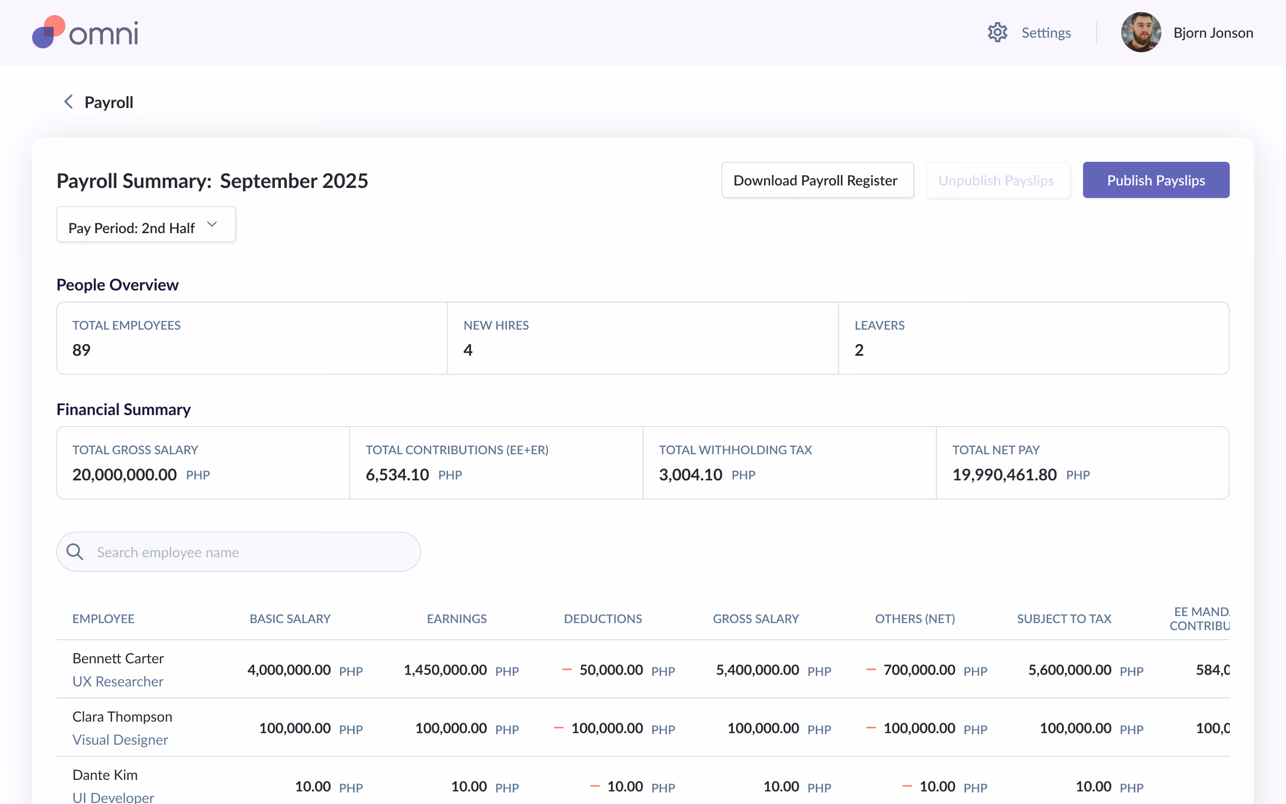 Omni HR Philippines payroll dashboard showing automated SSS, PhilHealth, Pag-IBIG, and BIR calculations