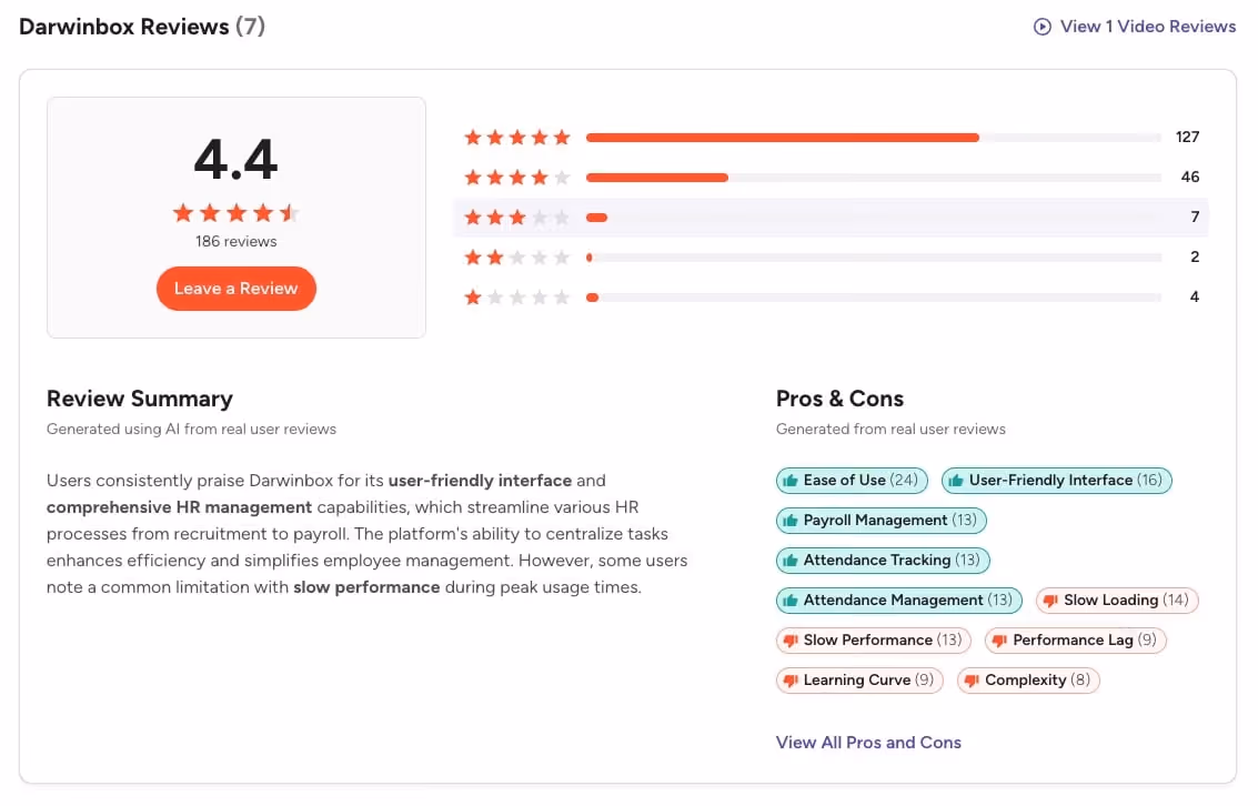 Darwinbox G2 review summary showing common user complaints about slow performance and navigation