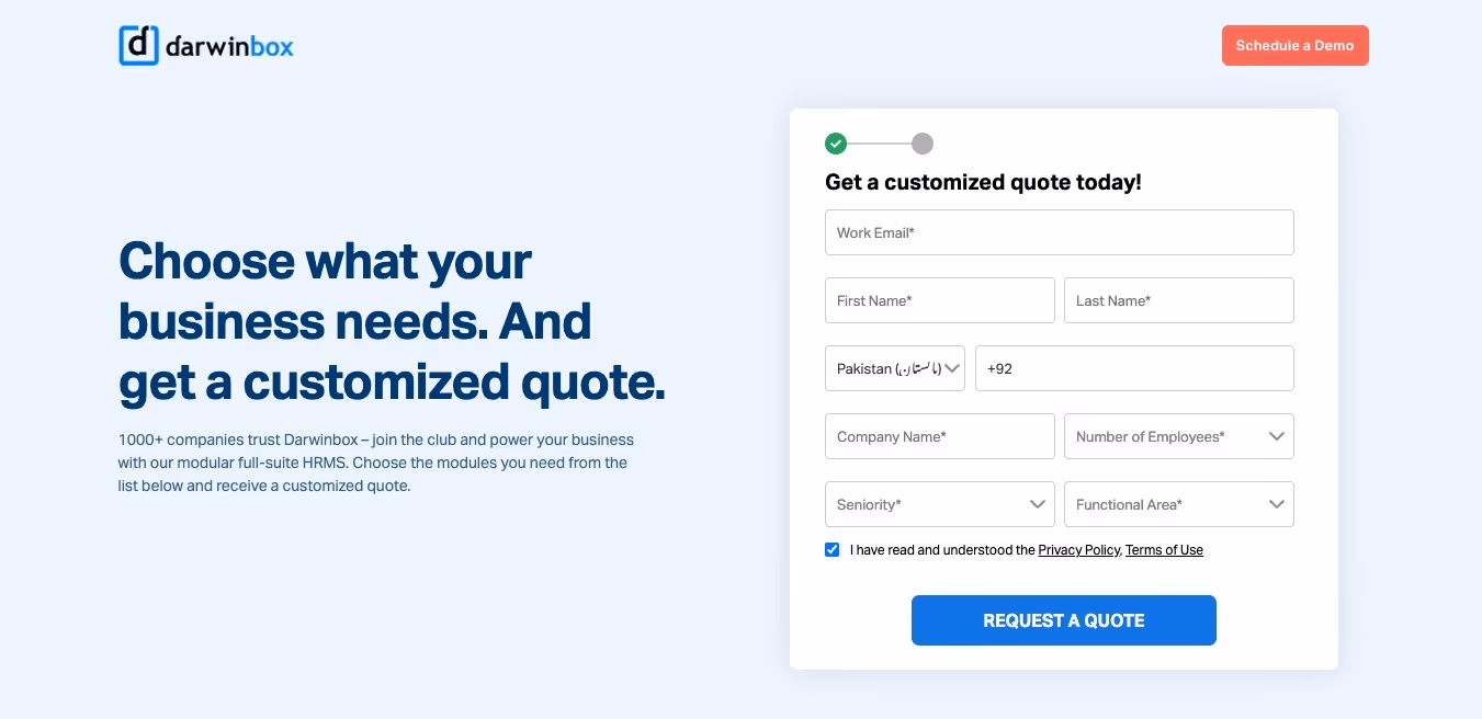 Darwinbox pricing page showing custom quote requirement with no published prices