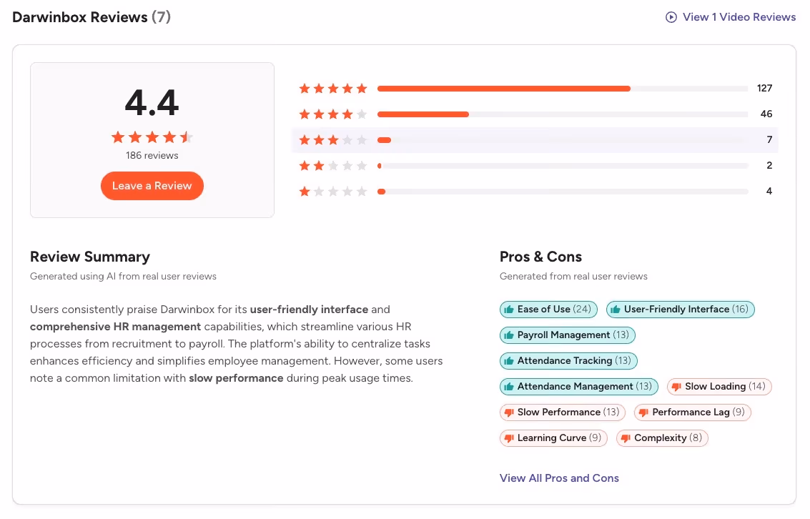 Darwinbox G2 review summary showing common user complaints about slow performance and navigation