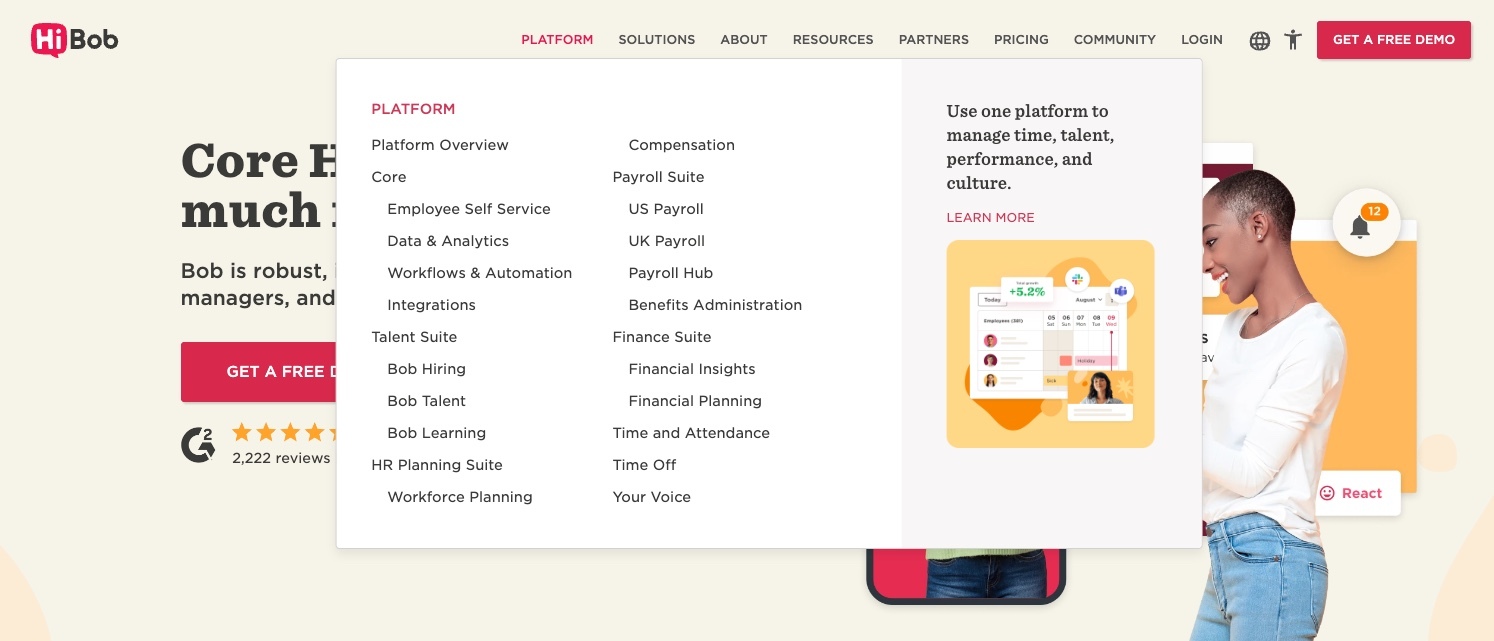 HiBob modules screenshot showing no native Asia payroll
