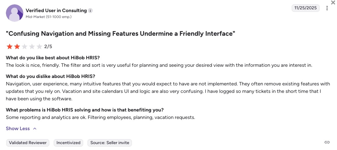 HiBob G2 review screenshot showing user feedback on the platform experience