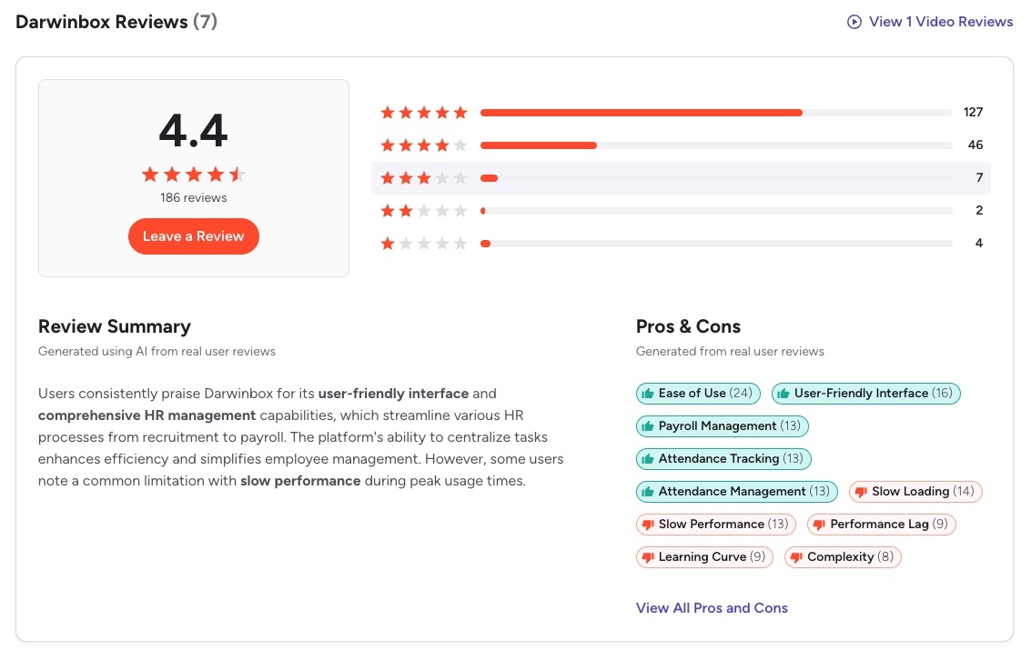Darwinbox G2 overview screenshot showing ratings and review themes