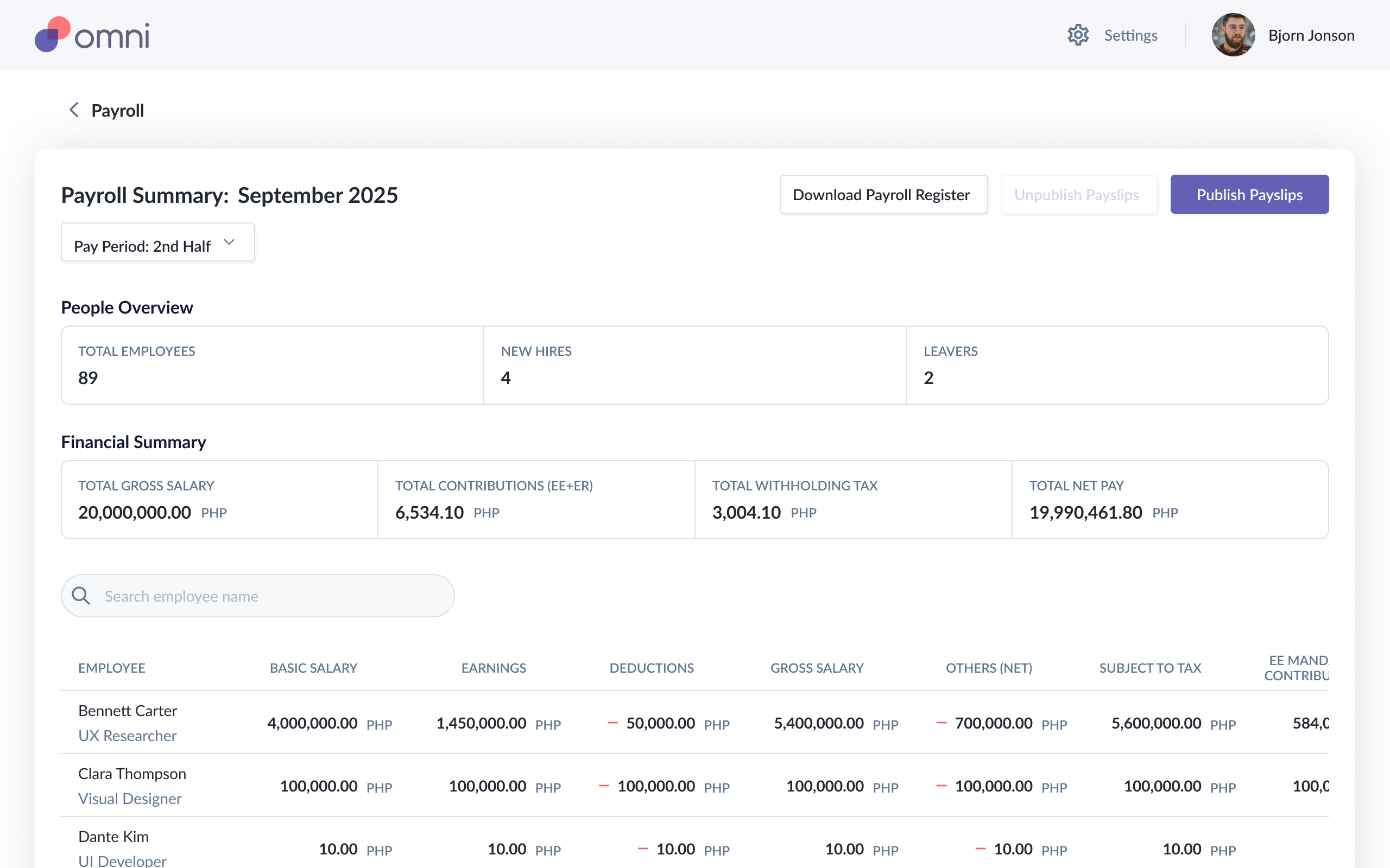Omni HR Philippines payroll dashboard showing automated SSS, PhilHealth, Pag-IBIG, and BIR calculations