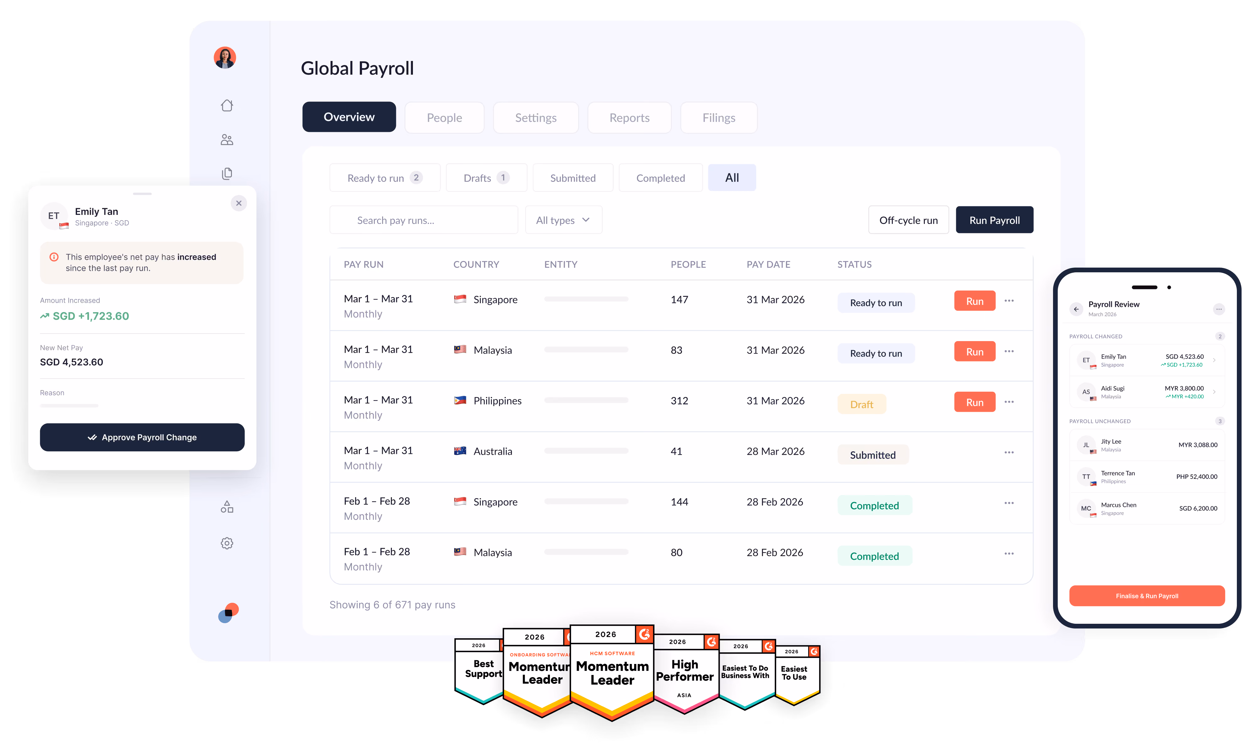 Omni HR Global Payroll dashboard showing Singapore, Malaysia and Philippines pay runs
