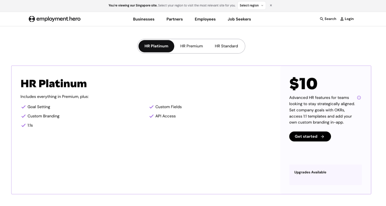 Employment Hero Singapore pricing page showing HR Platinum at 10 dollars per employee per month