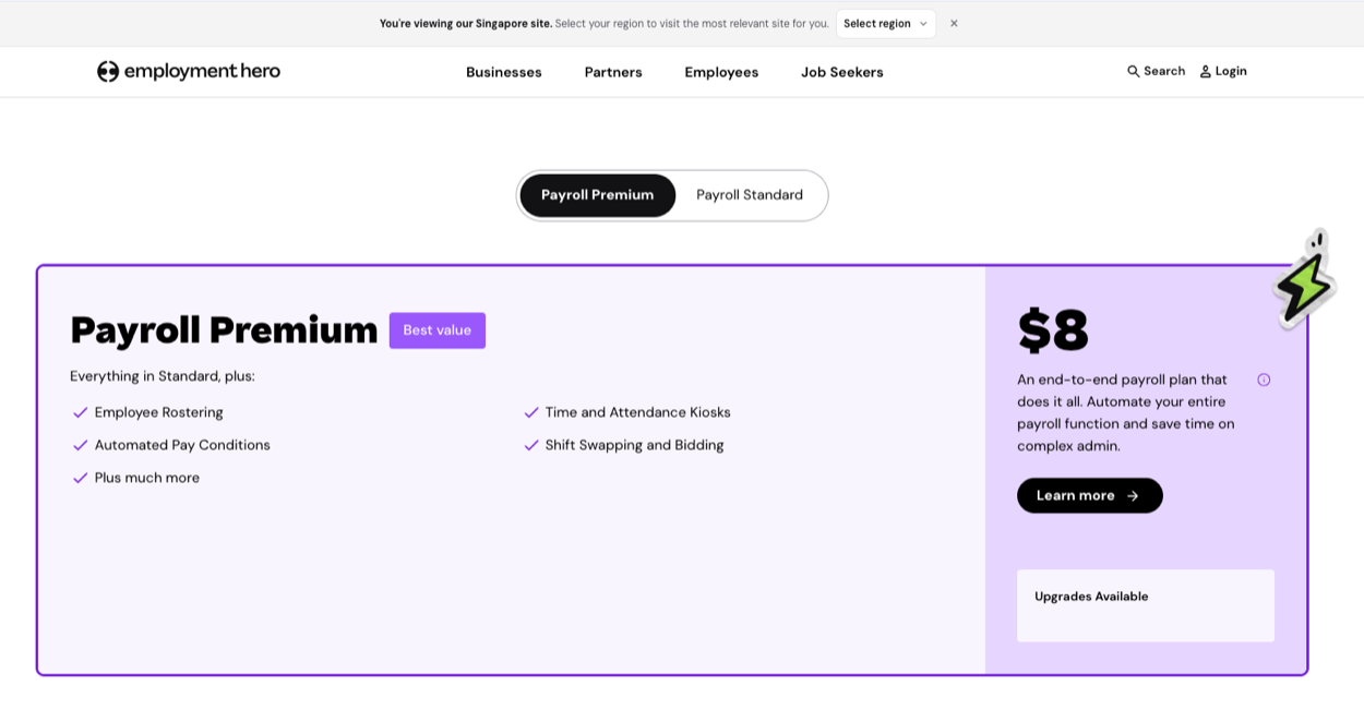 Employment Hero Singapore pricing page showing Payroll Premium at 8 dollars per employee per month
