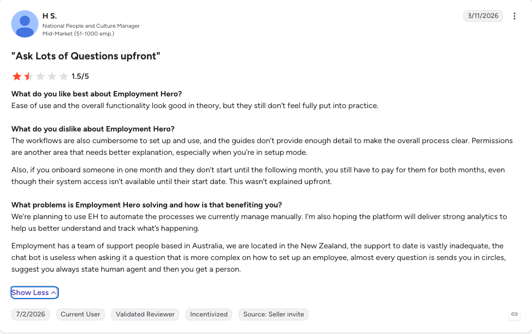 G2 review of Employment Hero rated 1.5 out of 5 describing support as vastly inadequate