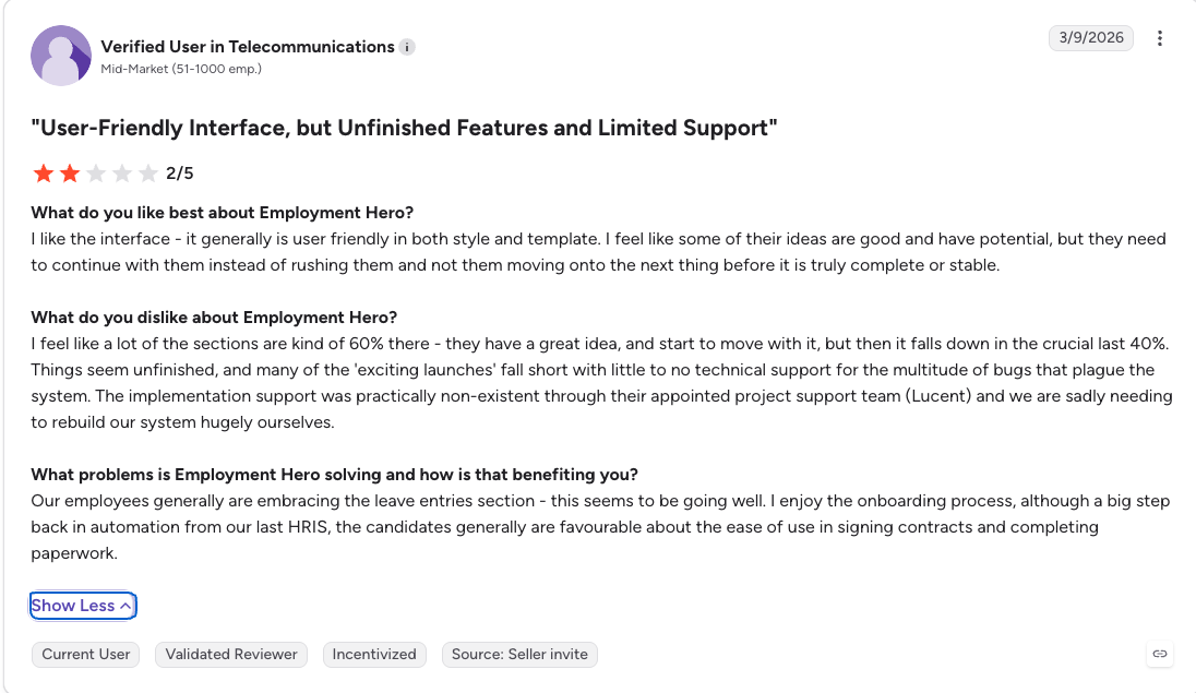 G2 review of Employment Hero rated 2 out of 5 describing implementation support as practically non-existent