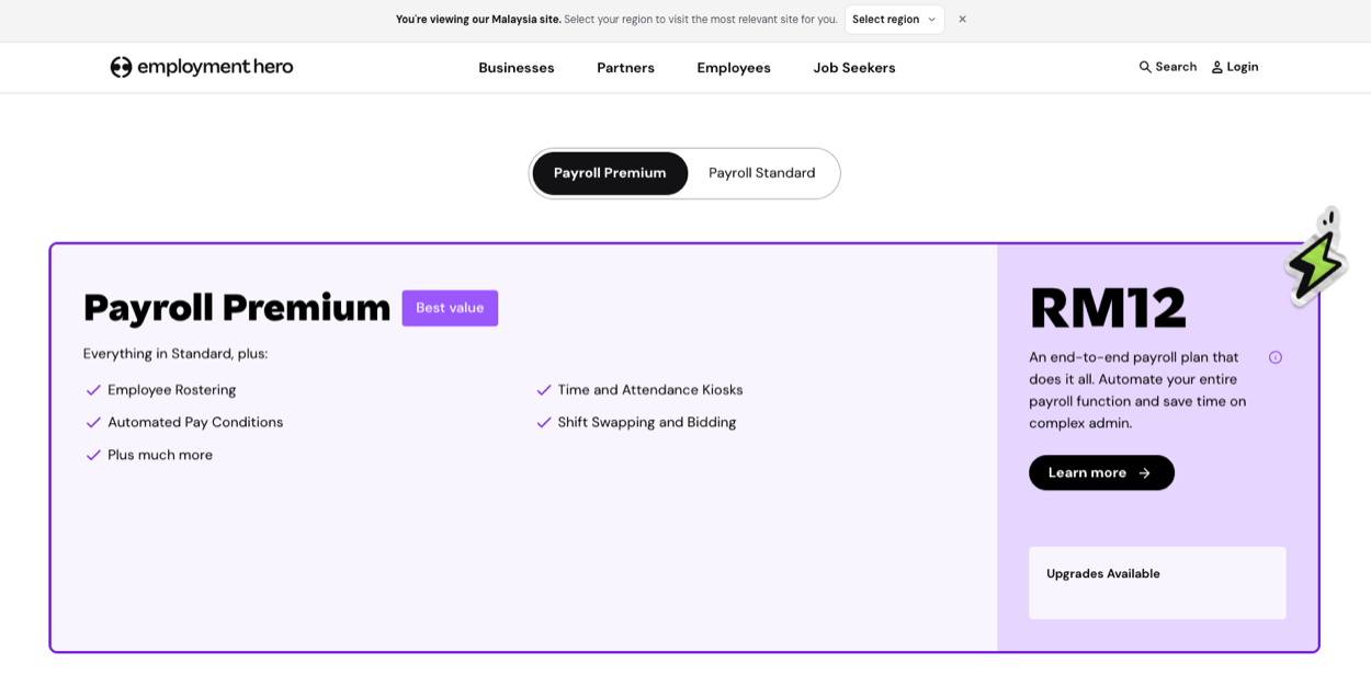 Employment Hero Malaysia pricing page showing Payroll Premium at RM12 per employee per month