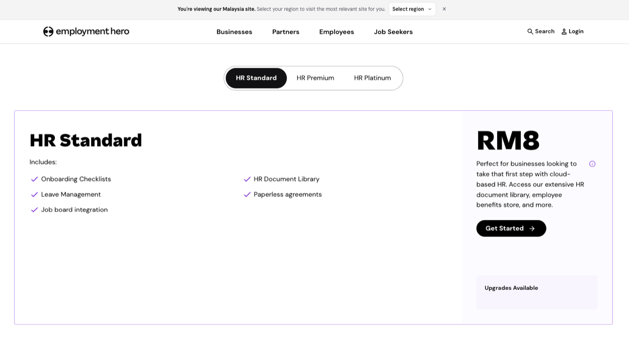 Employment Hero Malaysia pricing page showing HR Standard at RM8 per employee per month