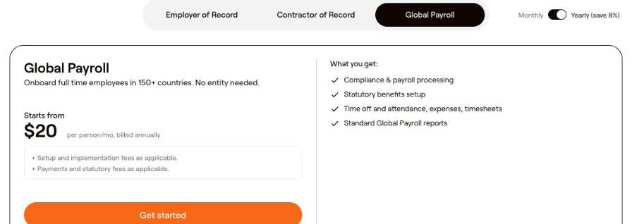 Multiplier pricing page showing Global Payroll starting from 20 dollars per person per month