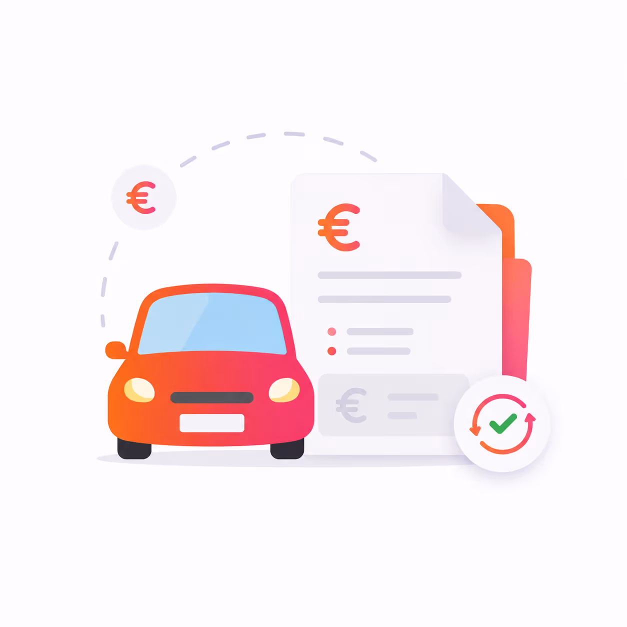Red car with euro currency symbols and an invoice document featuring a checkmark for payment confirmation.