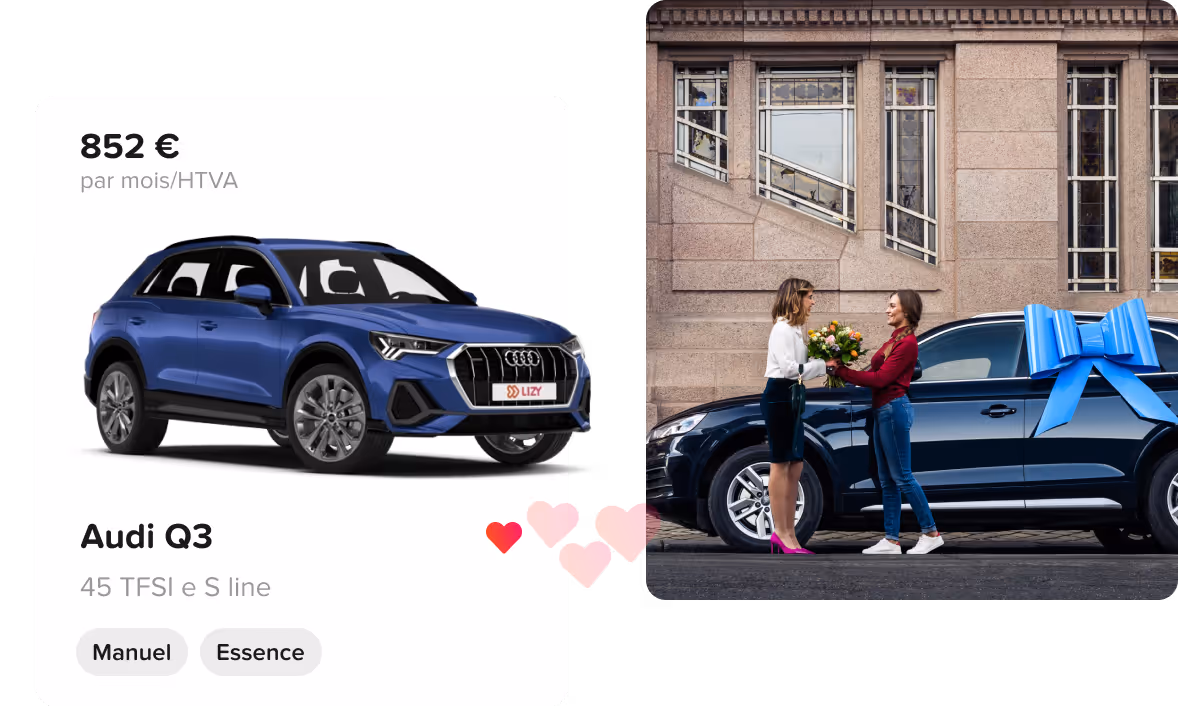 Blauwe Audi Q3 45 TFSI e S line, handgeschakeld en op benzine, met maandelijkse prijs van 852 euro exclusief btw; twee vrouwen staan voor een zwarte auto met een grote blauwe strik, de ene vrouw geeft de ander een bos bloemen.
