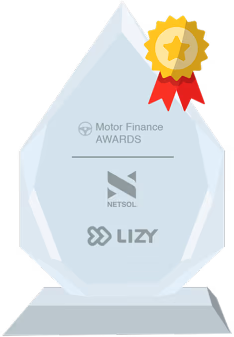 Crystal-shaped award trophy with a gold star medal, displaying 'Motor Finance AWARDS' with Netsol and Lizy logos.
