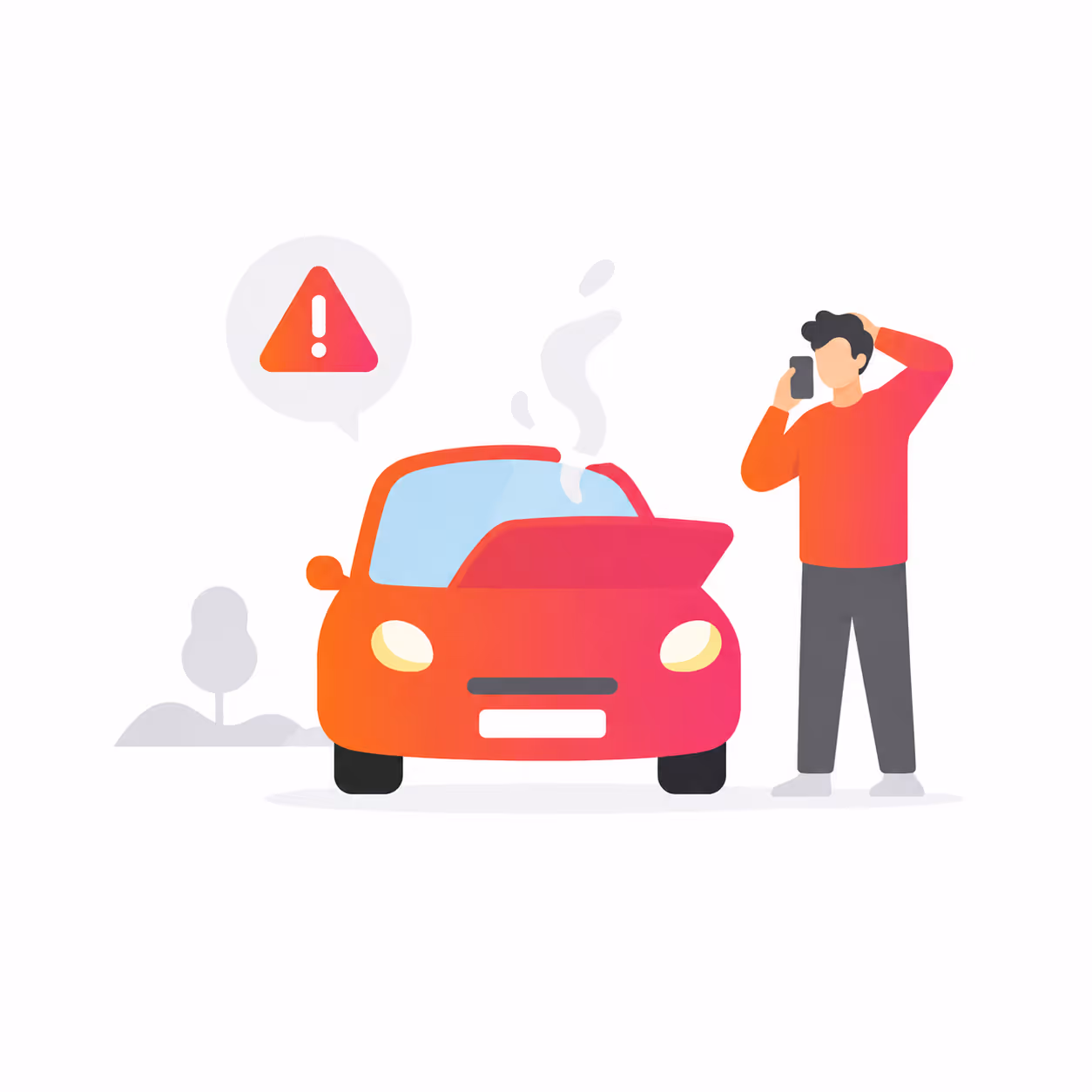 Person on phone calls for help beside a broken down red car with raised hood and emitting smoke.