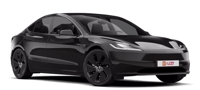 Black Tesla Model 3 electric car angled front view with LIZY license plate.