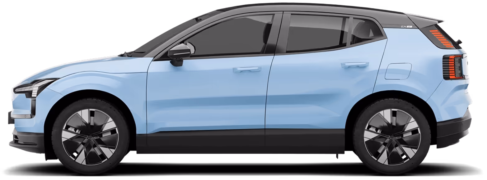 Side view of a light blue modern compact electric SUV with black roof and tinted windows.