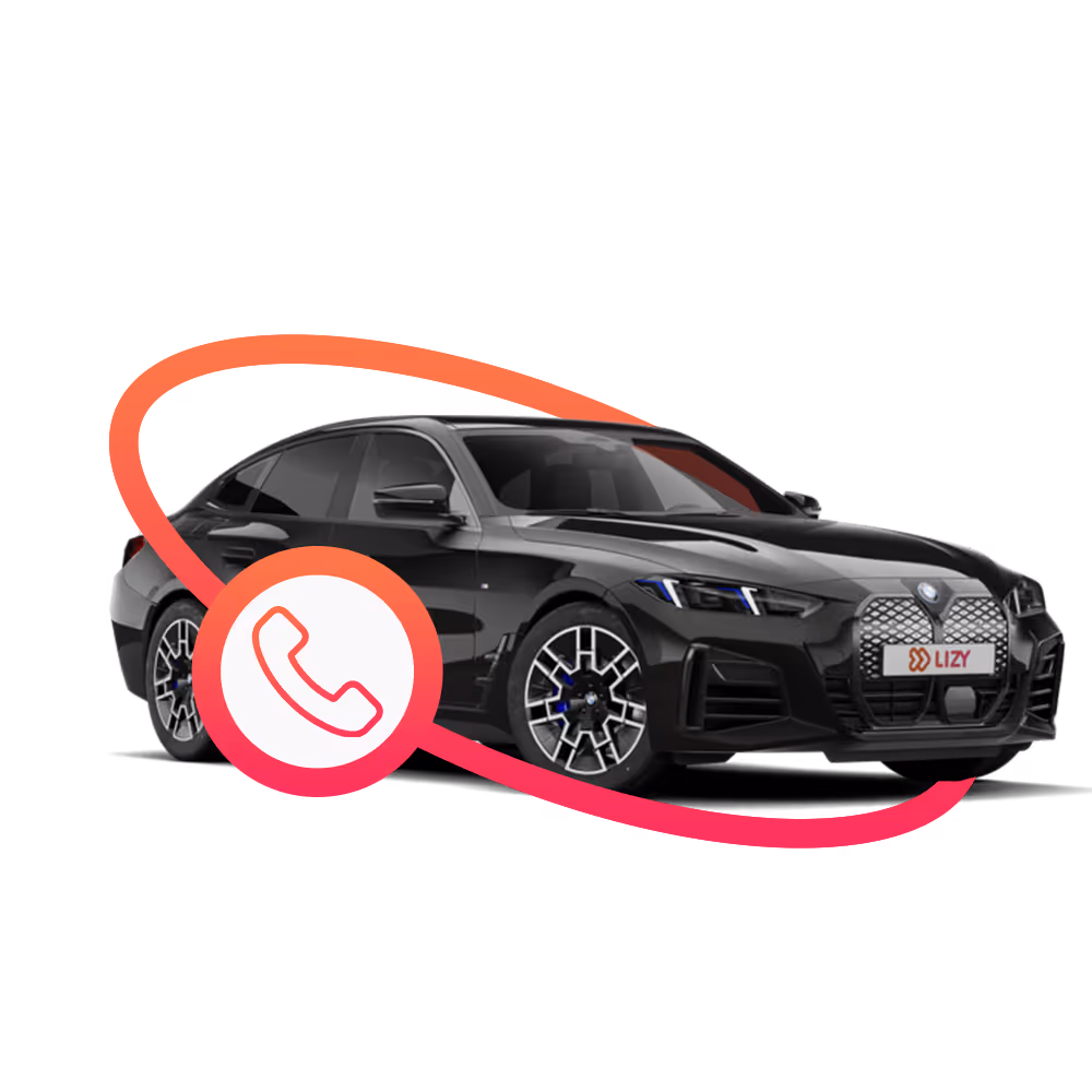 Zwarte BMW auto met een oranje-rose telefoonsymbool en een achtergrond in bijpassende kleuren.