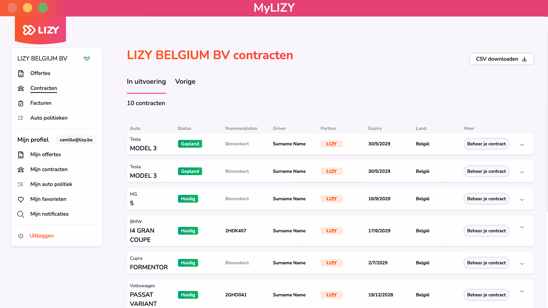 MyLIZY dashboard met lopende contracten van verschillende automerken inclusief status, kenteken, bestuurder, partner, vervaldatum en land.