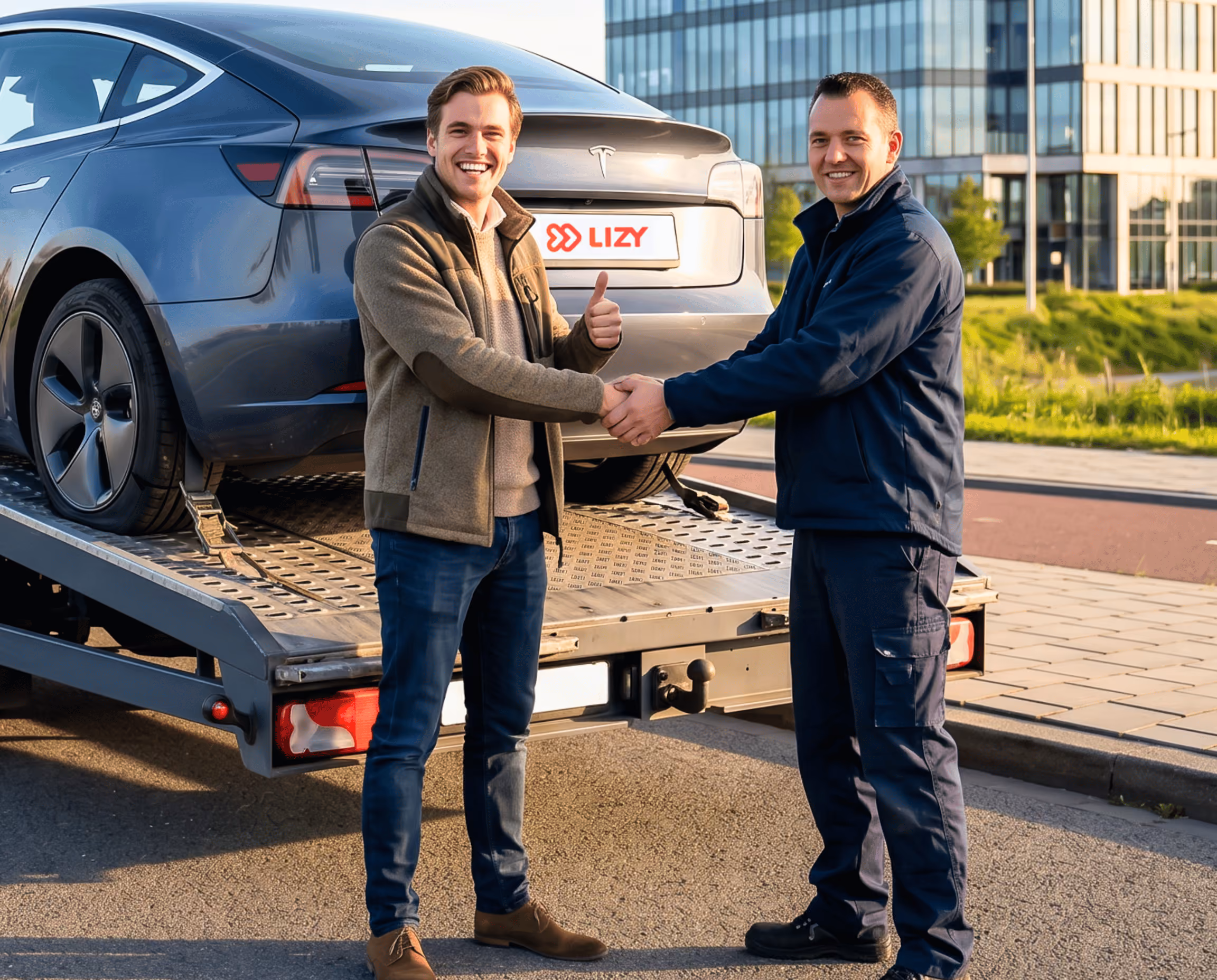Twee mannen schudden elkaar de hand voor een grijze Tesla van LIZY op een autotransportwagen.