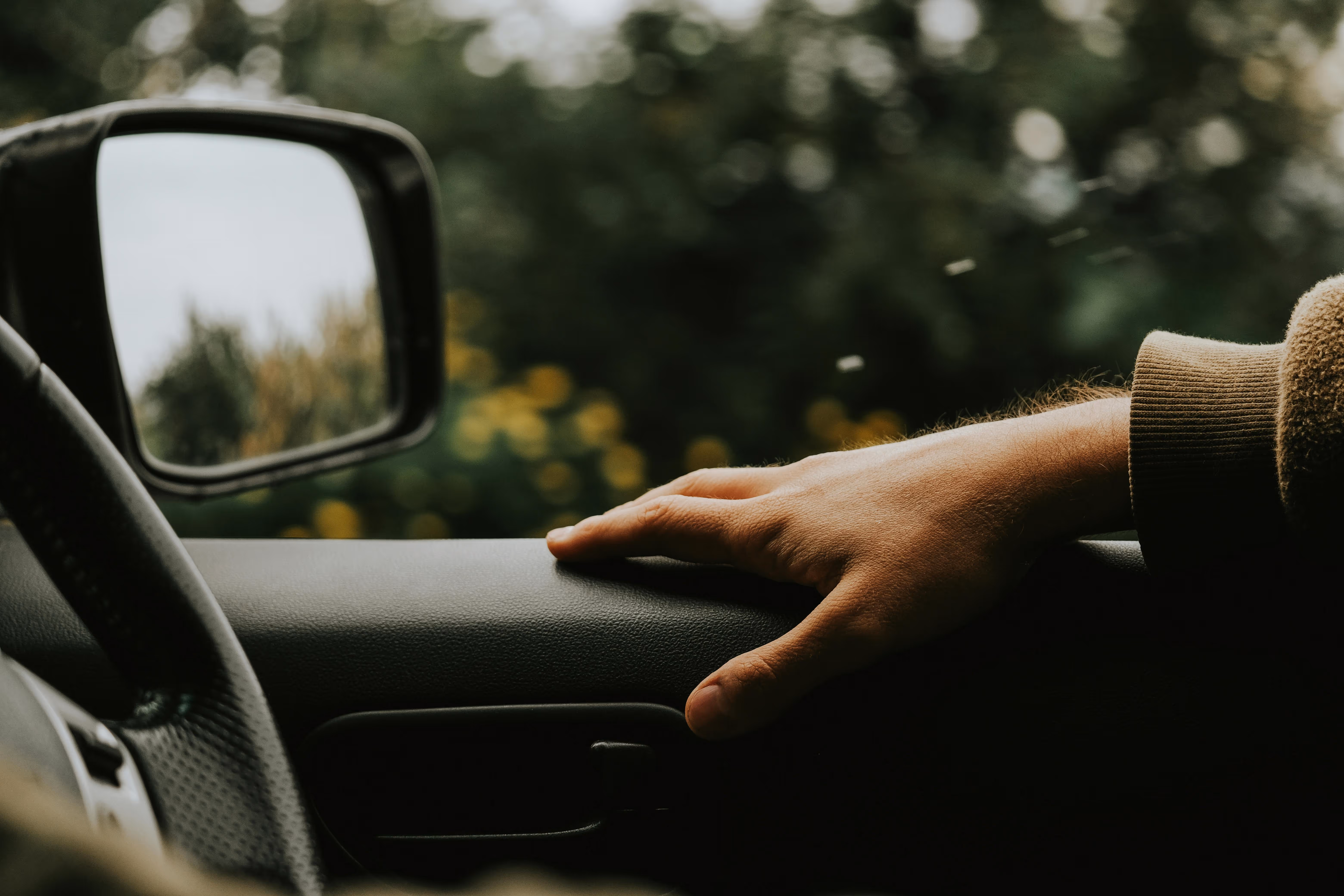 Hand resting on car door interior with outside side mirror and blurred greenery in background.