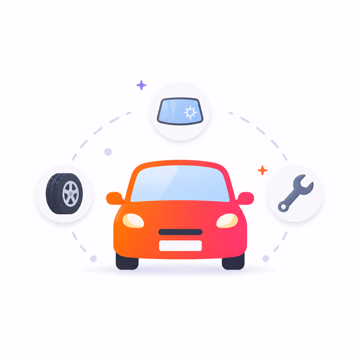 Front view of a red car with icons of a tire, windshield, and wrench around it.